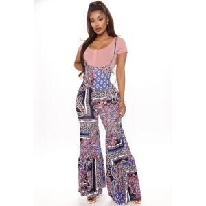 Fashion Nova Flare Jumpsuit Womens 1X Blue Pink Paisley Hippie Boho 70s Festival